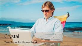  Presentation with working remotely - PPT theme consisting of wireless communincation - young business man working remotely background and a coral colored foreground