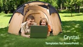  Presentation with cheerful stylish city girl using - Audience pleasing presentation theme consisting of wireless computing - photo of cheerful girl backdrop and a  colored foreground