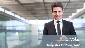  Presentation with using digital tablet - Presentation theme with wireless computing - smiling young businessman using his background and a light blue colored foreground