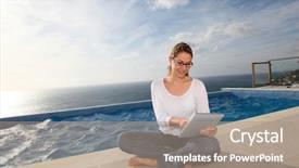  Presentation with swimming pool - Amazing theme having wireless computing - woman using electronic tablet backdrop and a  colored foreground