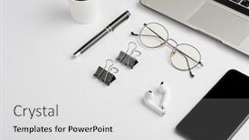  Presentation with laptop wireless - Slide set featuring wireless-earphones-eyeglasses-pen-clips background and a white colored foreground