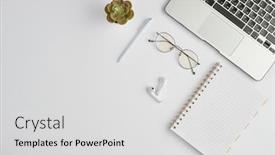  Presentation with laptop wireless - PPT layouts having wireless-earphones-eyeglasses-pen-notebook background and a light gray colored foreground