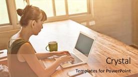  Presentation with laptop wireless - PPT theme enhanced with wireless free - asian mature woman using laptop background and a coral colored foreground