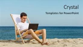  Presentation with man relaxing on massage table - Slides having wireless free - young man relaxing on beach background and a light blue colored foreground