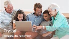  Presentation with multitasking career family - Colorful PPT layouts enhanced with wireless generation - happy family sitting on sofa backdrop and a coral colored foreground