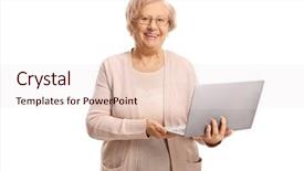  Presentation with laptop computers around the world backgroun - PPT theme having wireless generation - happy senior woman holding background and a lemonade colored foreground