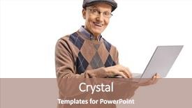  Presentation with laptop computers around the world backgroun - PPT theme consisting of wireless generation - smiling senior man holding background and a coral colored foreground