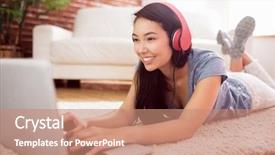  Presentation with social isolation - Amazing slide set having wireless headphones - asian woman using laptop backdrop and a coral colored foreground