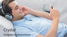  Presentation with music man in suit - Cool new PPT theme with wireless headphones - cheerful man enjoying music backdrop and a  colored foreground