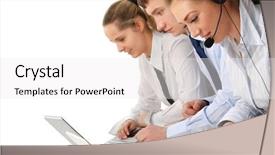  Presentation with customer service and professionalism - Theme consisting of wireless headphones - friendly customer service consultants working background and a  colored foreground