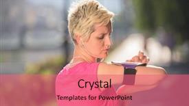  Presentation with health woman running female runner - Presentation with wireless headphones - jogging woman setting music background and a coral colored foreground