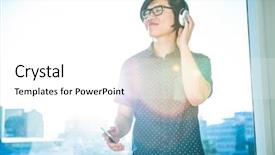  Presentation with music athletes - Audience pleasing theme consisting of wireless headphones - smiling asian businessman listening backdrop and a white colored foreground