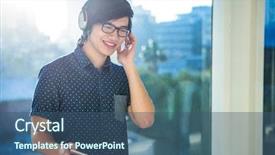  Presentation with music literacy - Amazing theme having wireless headphones - smiling asian businessman listening backdrop and a ocean colored foreground