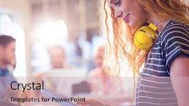  Presentation with young business woman smile show - Audience pleasing slide deck consisting of wireless headphones - smiling young woman using digital backdrop and a soft green colored foreground