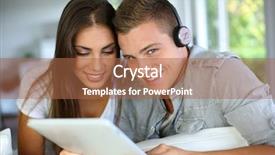  Presentation with electronic music - Theme consisting of wireless headphones - young couple listening to music background and a  colored foreground