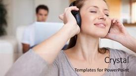  Presentation with old man and music - Colorful presentation design enhanced with wireless headphones - young woman listening to music backdrop and a  colored foreground