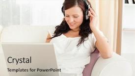  Presentation with social isolation - Slides with wireless headphones - young woman relaxing background and a  colored foreground