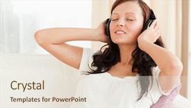  Presentation with living room - PPT theme having wireless headphones - young woman relaxing background and a  colored foreground