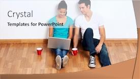  Presentation with laptop wireless - Presentation theme with wireless laptop computer with couple sitting on floor in new empty apartment background and a sky blue colored foreground