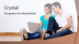  Presentation with laptop wireless - Slides having wireless laptop computer with couple sitting on floor in new empty apartment background and a sky blue colored foreground