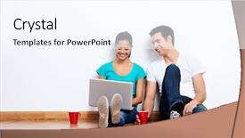  Presentation with laptop wireless - PPT theme with wireless laptop computer with couple sitting on floor in new empty apartment background and a cool aqua colored foreground