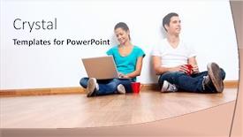  Presentation with laptop wireless - Presentation having wireless laptop computer with couple sitting on floor in new empty apartment background and a cool aqua colored foreground