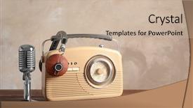  Presentation with retro radio - Beautiful PPT theme featuring broadcasting news style - retro radio microphone and headphones backdrop and a soft green colored foreground