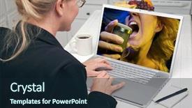  Presentation with online streaming - Presentation theme having online video streaming - woman in kitchen using laptop background and a wine colored foreground