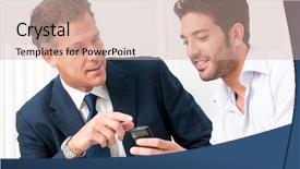  Presentation with news - Slides featuring wireless mobile communication - two businessmen discussing together background and a  colored foreground