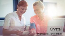  Presentation with blood pressure - Colorful slides enhanced with wireless monitoring patients - female nurse checking blood pressure backdrop and a coral colored foreground