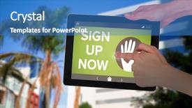  Presentation with hand touching finger digital - Slide deck having wireless tower - hands touching digital tablet background and a teal colored foreground