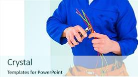  Presentation with cables wires electric wireing - Cool new PPT theme with handyman cutting wires with pliers backdrop and a sky blue colored foreground