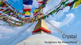  Presentation with stupa - Theme enhanced with wisdom eyes and praying flag background and a light blue colored foreground