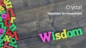  Presentation with wisdom - Colorful theme enhanced with wisdom word on wooden table backdrop and a gray colored foreground