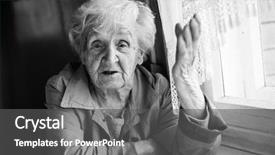  Presentation with elderly - PPT theme with wise women - elderly woman talking and gesturing background and a dark gray colored foreground
