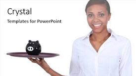  Presentation with piggy bank - Slide set consisting of wise investments - woman holding tray with piggy background and a white colored foreground