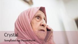  Presentation with elderly - PPT theme consisting of wise women - elderly woman with phone background and a coral colored foreground