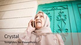  Presentation with muslim feminism - Beautiful theme featuring wise women - happy senior muslim woman talking backdrop and a coral colored foreground