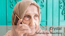  Presentation with woman muslim - Audience pleasing PPT layouts consisting of wise women - happy senior muslim woman talking backdrop and a coral colored foreground
