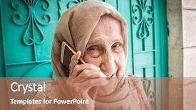  Presentation with muslim feminism - Slide deck featuring wise women - happy senior muslim woman talking background and a coral colored foreground