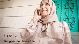  Presentation with muslim women - Amazing slide deck having wise women - happy senior muslim woman talking backdrop and a coral colored foreground