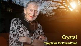  Presentation with happy smiling woman dental health - Presentation theme having wise women - portrait of a senior woman background and a tawny brown colored foreground