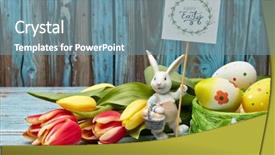  Presentation with greeting card - Audience pleasing PPT theme consisting of wishes promotion - colored easter eggs easter rabbit backdrop and a seafoam green colored foreground