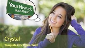  Presentation with new job description - Cool new PPT layouts with wishes promotion - pensive young woman with thought backdrop and a tawny brown colored foreground