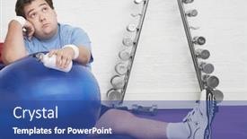  Presentation with club - Beautiful presentation theme featuring wistful overweight man sitting on floor with exercise ball in health club backdrop and a ocean colored foreground