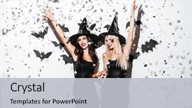 Presentation with two black women - Theme having witch halloween costumes on party background and a light gray colored foreground