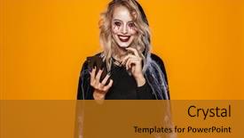  Presentation with holding hands - PPT theme enhanced with witch in web looking camera background and a gold colored foreground