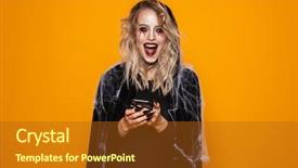  Presentation with hands holding - Audience pleasing PPT layouts consisting of witch in web looking camera backdrop and a tawny brown colored foreground