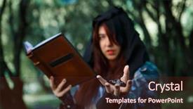  Presentation with book - Audience pleasing slides consisting of witch with book in hood backdrop and a tawny brown colored foreground