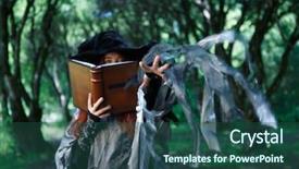  Presentation with magic book - PPT theme enhanced with image of witch with magic background and a ocean colored foreground